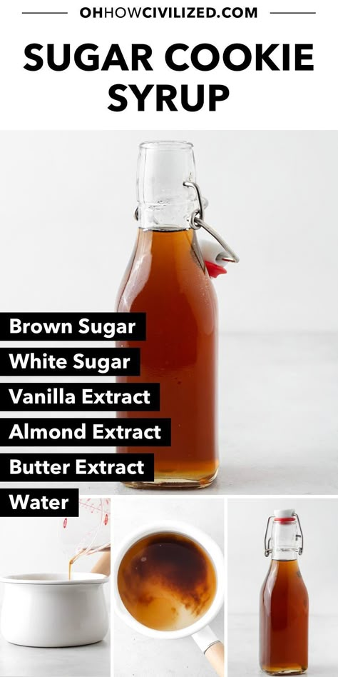 Make your morning coffee taste just like a sugar cookie with this sweet and aromatic syrup. The Starbucks copycat recipe takes less than 5 minutes to recreate at home. #starbuckscopycat  #simplesyrup #sugarcookielatte #coffeerecipes Homemade Sugar Cookie Syrup, Sugar Cookie Simple Syrup, Cookie Dough Coffee Syrup Recipe, Sugar Cookie Syrup Recipe, Iced Coffee Syrup Recipe, Christmas Coffee Syrup Recipe, Shelf Stable Coffee Syrup, Sugar Free Coffee Syrup Recipe, Sugar Cookie Coffee Syrup