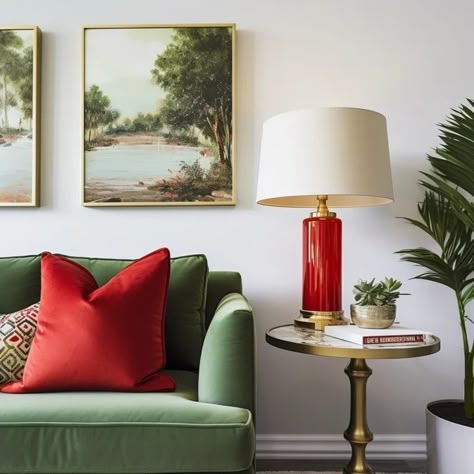 Unexpected Red Theory Interior Design, Green And Red Living Room, Olive Green Paint Colors, Red Accents Living Room, Red Couch Decor, Olive Green Paint, Red Theory, Red Interior Design, Good Living Room Colors