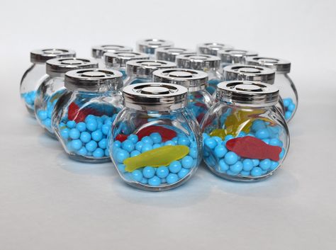 fish in a bowl Fish Bowl Party Favors, Fish Party Favors, Swimming Birthday Party, Fish In A Bowl, Fish Birthday Party, Birthday Moodboard, Gummy Fish, Fish Candy, Shark Themed Birthday