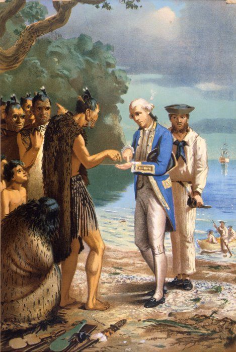 Louis John Steele 1843-1918: Arrival of Captain Cook; an incident at Bay of Islands Maori Tribe, Captain James Cook, Nz History, Maori People, Polynesian Art, James Cook, Bay Of Islands, Captain Cook, Māori Culture