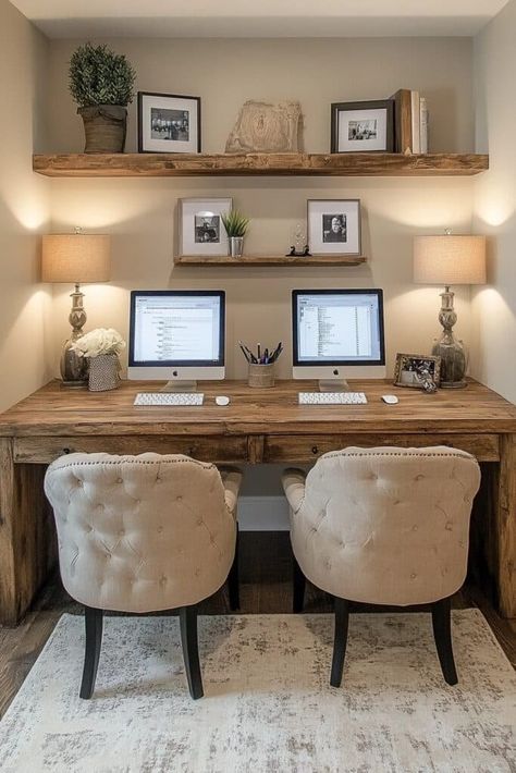 Home Office For Two In Living Room, Home Office And School Room, Shabby Chic Office Ideas Workspaces, Desk With Two Monitors Office Ideas, Office Decor With Couch, Sit Stand Desk Home Office Layout, 2 Person Desk Home Office, Two Desk Office Layout, Two Person Desk Home Office