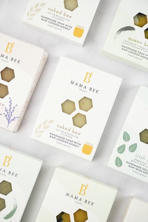 Mama Bee Soaps packaging by Aligned Design Co. Soap Packaging Design Boxes, Soap Bar Packaging, Soaps Packaging, Soap Logo, Soap Package, Soap Packaging Design, Soap Inspiration, Typography Packaging, Exfoliating Gloves