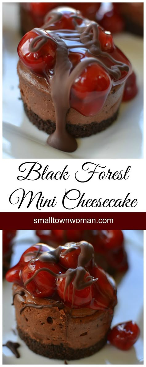 These beautiful Black Forest Mini Cheesecakes are scrumptious and beautiful. Who could ask for more than that? Mini Cheesecake Recipes, Mini Torte, Oreo Dessert, Mini Cheesecakes, Chocolate Cheesecake, Savoury Cake, Food Cakes, Mini Desserts, Decadent Desserts