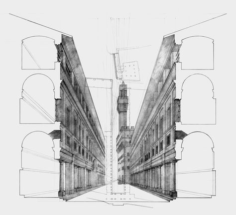 Andrew Hoffmann - Composite Uffizi & Palazzo Vecchio drawing, Fall 2012 Italy Houses, David Statue, Giorgio Vasari, Gothic Windows, Arch Model, Model Drawing, Grand Entrance, Architecture Sketch, Florence Italy