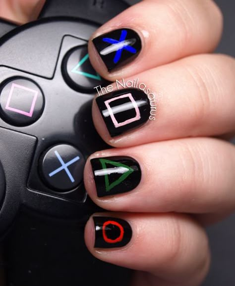 Playstation nails Inspirational Nails, Everyday Nails, Nails Styles, Uk Nails, Unghie Sfumate, Unghie Nail Art, Gamer Girls, Galaxy Nails, Cute Nail Art