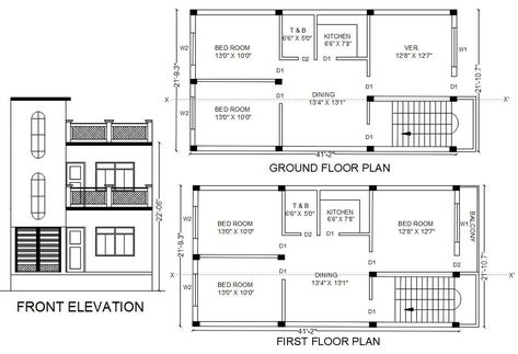 22' X 41' plot size of house ground floor and first floor plan CAD drawing which consist 2 BHK and 3 BHK plan with column layout plan. also has 2 storey building front elevation design with dimension detail. download family house plan with building design DWG file. Single Story House Floor Plans, One Floor House Plans, Site Plan Design, Floor Plan With Dimensions, Two Storey House Plans, Front Elevation Design, 20x40 House Plans, Simple Floor Plans, Building Design Plan