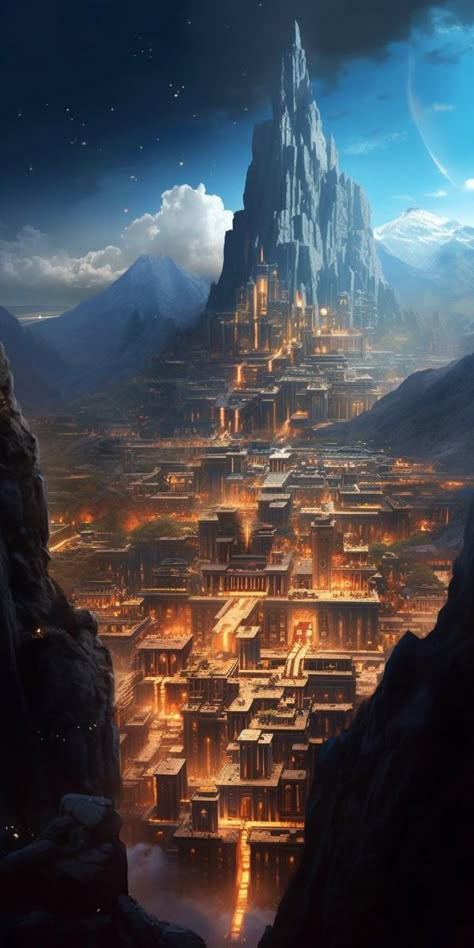 Futuristic Capital City, Fantasy City Built Into Mountain, Fantasy Stone City, Ancient Fantasy Art, Fantasy Mountains Art, Futuristic Mountain City, Fantasy Mega City, Fantasy Walled City, Fantasy World Landscapes Cities