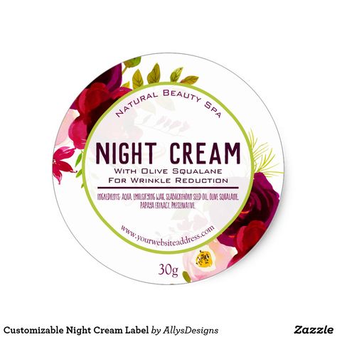 Customizable Night Cream Label - This beautiful floral night cream sticker is a label for someone who loves making their own products to sell at fairs, fates and at their own shop stall at a market. It can also be used for handmade gifts for family and friends, simply change the existing details to your very own! Natural Face Cream, Wrinkle Reduction, Cosmetic Labels, Beauty Cream, Hair Growth Oil, Night Creams, Beauty Spa, Homemade Skin Care, Face Cream