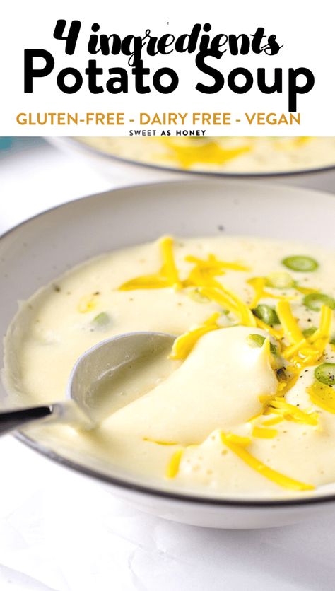 This 4 ingredient Potato Soup is an easy creamy potato soup ready in less than 30 minutes. Plus, the recipe is gluten-free and dairy free so 100% vegan friendly. 4 Ingredient Potato Soup, Easy Creamy Potato Soup, Gluten Free Potato Soup, Dairy Free Potato Soup, Homemade Potato Soup, Recipes With Flour Tortillas, Creamy Potato Soup, Pureed Soup, Potato Soup Recipe