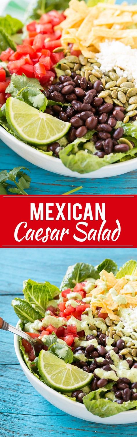 Mexican Caesar Salad Recipe | Caesar Salad | Mexican Salad #salad #beans #lunch #dinner #dinneratthezoo Mexican Caesar Salad, Cesar Dressing, Salad Caesar, Creamy Cilantro Dressing, Mexican Salad, Cilantro Dressing, Diy Easy Recipes, Caesar Salad Recipe, Mexican Dinner