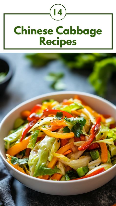 A colorful stir-fry dish made with Chinese cabbage, bell peppers, and carrots, served in a white bowl. Cabbage Recipes Chinese, Recipes With Chinese Cabbage, How To Cook Chinese Cabbage, How To Make Cabbage, Chinese Vegetables Recipes, Chinese Cabbage Recipe, Chinese Cabbage Stir Fry, Chinese Side Dishes, Asian Salads