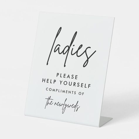 ModernLadies Wedding Bathroom Basket Sign  Zazzle Reception Bathroom Basket, Hospitality Baskets, Reception Bathroom, Wedding Reception Modern, Wedding Bathroom Basket Sign, White Minimalist Wedding, Modern Wedding Signs, Bathroom Basket Wedding, Bathroom Basket