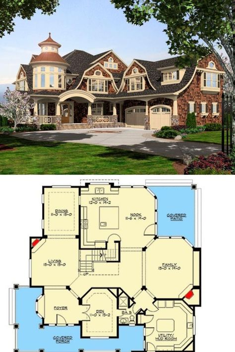 The stunningly jaw dropping luxury  exterior of this 2 story modern shingle style house plan with a gambrel roof, 4 bedrooms, and 5 bathrooms. This 4,810 sq ft luxury home plan, floor plan, blueprint and home layout includes photos of its beautifully classy modern interior. Definitely check this one out! https://www.architecturaldesigns.com/house-plans/grand-shingle-style-house-plan-with-turreted-loft-23395jd?cjevent=8f803259dc9e11ea808600530a180510 #floorplan #houseplan #blueprint #homelayout Maine House Plans, Luxury Cottage Floor Plans, Gambrel Floor Plans, 11 Bedroom House Plans, Shingle Style Mansion, House Plans With Turret, Christmas House Floor Plan, Large House Blueprints, Gambrel Style House Exterior