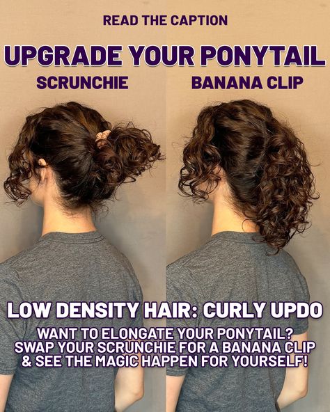 ❌ HATE YOUR PONYTAIL? ⁣ ✅HERE’S A SIMPLE SOLUTION!⁣ ⁣ ⭐️ A BANANA CLIP⁣ ⁣ Yes, you read that right! The 80s and 90s hair accessory is back and saving the day for us shorter haired curlies from weird ‘sticky out’ ponytails. This works so well for curls because it allows our curls to cascade out of the clip elongating the ponytail whilst still showing off the curls! ⁣ ⁣ Seeing the side by side comparison of how well the banana clip upgrades this look is wild! And it works on low density hair to... Curly Hair Low Ponytail, Hair Low Ponytail, Low Density Hair, Ponytail Scrunchie, 90s Hair, Curly Updo, Banana Clip, 90s Hairstyles, Low Ponytail