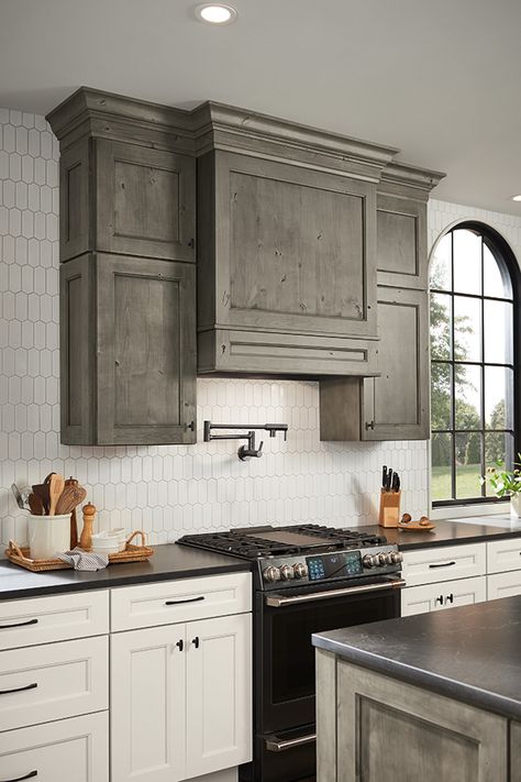 Diamond at Lowes - Wood Hoods and Specialty Products - Wood Hood Canopy Two Toned Kitchen Cabinets, Cabinet Samples, Wood Hood, Arch Windows, Hickory Kitchen Cabinets, Hickory Kitchen, Kitchen Cabinet Samples, Black Arch, Maple Kitchen Cabinets