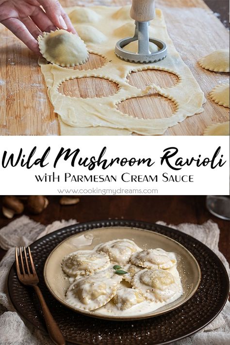 Making fresh homemade ravioli is one of the most rewarding things you can make. These delicious Mushroom Ravioli with a filling of Ricotta and Wild Mushrooms served with a creamy Parmesan sauce, will surely be a hit on your table. They're perfect for a weekend dinner or even a holiday feast with your family or friends. Ravioli Recipe Filling, Mushroom Ravioli Sauce, Wild Mushroom Ravioli, Ravioli Recipe Homemade, Creamy Garlic Parmesan Sauce, Pasta Ravioli, Fresh Pasta Recipes, Pasta Homemade, Pasta Ideas