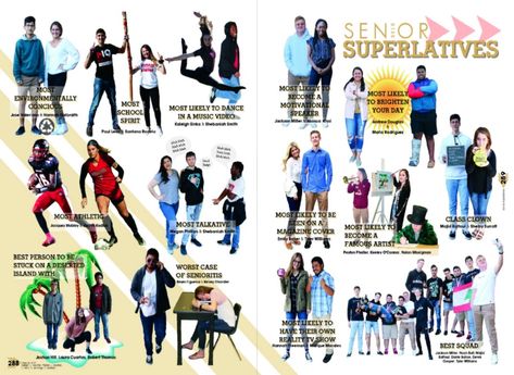 Most Likely To Succeed Yearbook Pictures, Single Page Yearbook Layout, High School Yearbook Layouts Ideas, Senior Superlatives Yearbook Layout, Spirit Week Yearbook Spread, Senior Superlatives Yearbook, Yearbook Dividers, Yearbook Picture Ideas, Highschool Yearbook Ideas