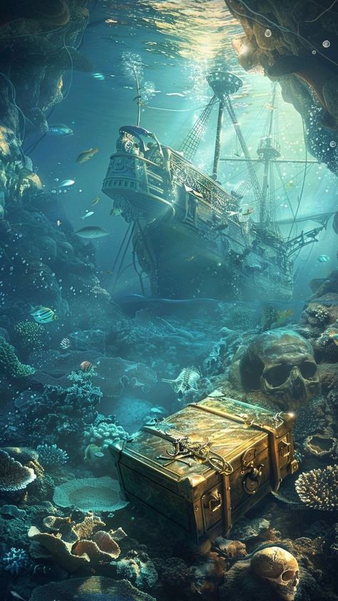 Sailor Illustration, Pirates Treasure, Pirate Ship Art, Gold Illustration, Ship Wreck, جوني ديب, Pirate Island, Bottom Of The Sea, Underwater Painting