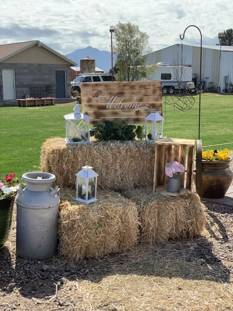 Rustic Decor For Party, Country Theme Decor, Long Hair With Braids And Curls, Farm Party Decorations Rustic, Rustic Entrance Ideas, Cowboy Themed Party For Adults, Western Dance Decorations, Ranch Party Decorations, Rustic Prom Themes