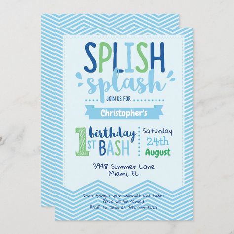 Pool Party 1st Birthday, Water Party Invitations, Boy Pool Party, Boys Pool Party Invitations, Splish Splash Party, 1st Birthday Boy Themes, Summer Birthday Invitations, Pool Party Themes, Splash Party