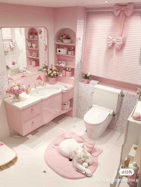 Pink Coquette Bathroom, My Melody Bathroom, Cutecore Bathroom, Kawaii Bathroom Ideas, Cute Pink Bathroom, Pink Aesthetic Bathroom, Pink Laundry Room, Pink And White Bathroom, Coquette Bathroom