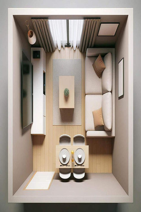 Overhead view of a small, organized living area with TV and a snug dining table, demonstrating efficient use of space. Tiny Living Dining Room, Built In Storage Wall, Living Room Ideas With Tv, Room Ideas With Tv, Small Living Room Ideas With Tv, Small Condo Living, Small Living Dining, Small Tv Room, Tiny Dining Rooms