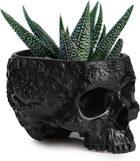 Skull Plant Planter Pot 6" Deep Polyresin Skulls Pot for Succulents, Indoor Plants & Flowers - Bowl & Serving Bowl, Modern, Skeleton Home Decor, Spooky Goth Gifts (Black) Fun Planters, Skull Planter, Modern Planter, Ceramic Planter Pots, Succulents Indoor, Indoor Flowers, Modern Planters, Decorative Planters, Skull Decor