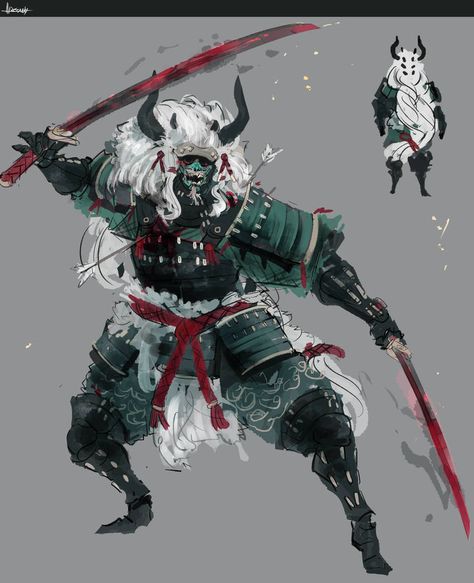 Fantasy Samurai Art, Fantasy Samurai Armor, Samurai Rpg Character, Japanese Warrior Drawing, Modern Samurai Concept, Oni Concept Art, Samurai Armor Art, Ronin Character Design, Japanese Character Art