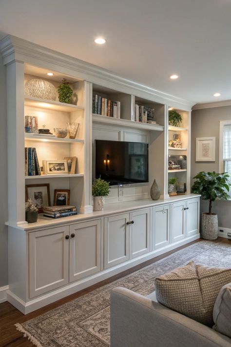 Create a warm, inviting living room with built-in cabinets in white or light gray. Perfect for displaying books, plants, and decor, with soft LED lighting for a cozy glow. 🛋️✨ #BuiltInDesign #HomeStorage #LivingRoomGoals White Built In Tv Cabinet, Transitional Living Room Built Ins, Craftsman Living Room Built Ins, Built In Shelving Ideas For Living Room, Media Console Built In, Living Room With Tv Designs, Living Room Tv Wall Bookshelves, Family Room With Built Ins, Built In For Tv In Living Room