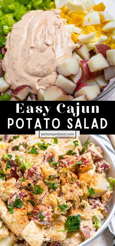 Kick up your classic recipe with this Cajun Potato Salad. Packed with eggs, crunchy celery and a rich, creamy dressing with a simple homemade cajun seasoning. Only a few minutes to toss together and perfect for any BBQ or dinner party in the warm weather. Louisiana Potato Salad Recipe, Potato Salad For Gumbo, Fried Potato Salad Recipes, Summer Southern Food, Cajun Salad Recipes, Cajun Sides, Cajun Side Dishes, Hot Potato Salad Recipe, Fried Potato Salad