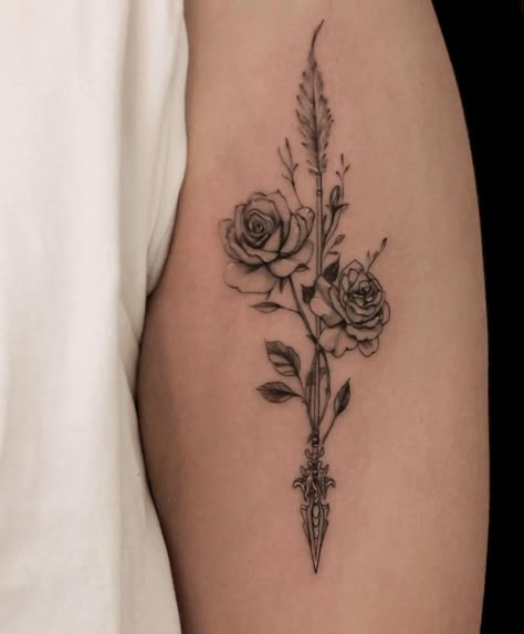 Rose Bow And Arrow Tattoo, Arrow And Rose Tattoo Design, Arrow And Rose Tattoo, Lower Inner Arm Tattoo, Floral Key Tattoo, Arrow Tattoo With Flowers, Lower Inner Arm Tattoos For Women, Arrow And Flower Tattoo, Rose And Arrow Tattoo