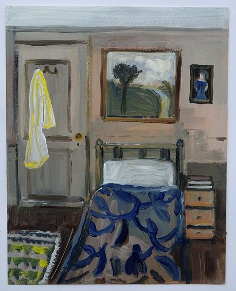 Cathy Cullis on Instagram: “A guest room with landscape - a new painting in gouache and acrylics on watercolour paper. This is one of two ‘bedroom scenes’ I am posting…” Bed Painting, International Quotes, Gouache Tutorial, Bedroom Scene, Watercolor And Acrylic, Fruit Painting, Illustration Wall Art, Historical Art, Prints Art