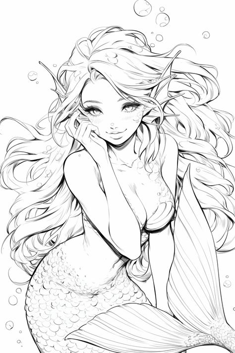 Mermaid Realistic, Realistic Mermaid Drawing, Realistic Coloring Pages, Manga Mermaid, Bujo Art, Mermaid Sketch, Realistic Mermaid, Mermaid Pose, Manga Coloring Book