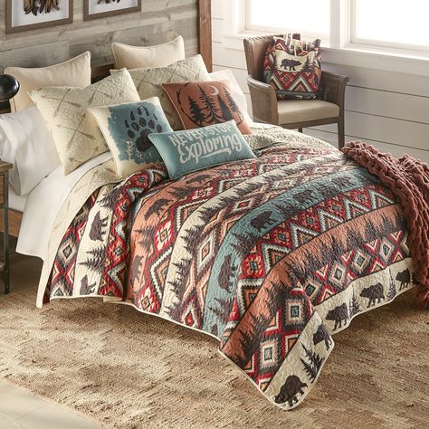 Southwest Bedroom, Adventure Quilt, Western Comforter Sets, Black Bear Decor, Rustic Bedding Sets, Lodge Bedding, Western Bedding, Black Forest Decor, Forest Decor