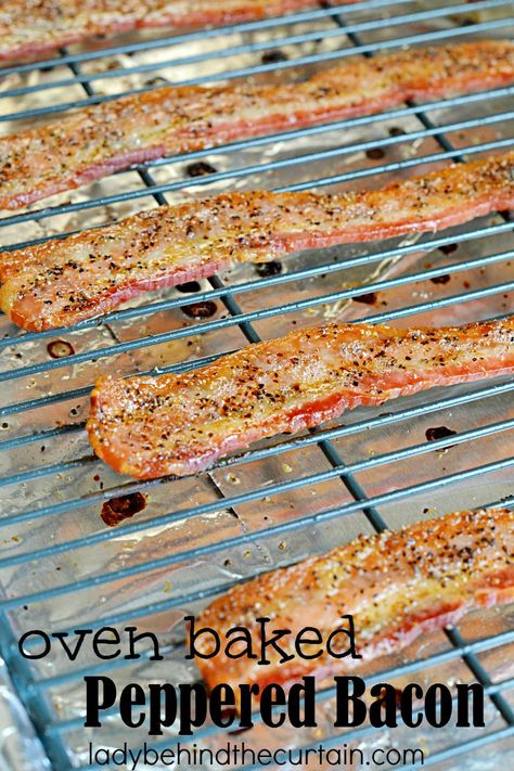 Oven Baked Peppered Bacon: Add a punch of flavor to your burger with this simple to make topping. Peppered Bacon Recipes, Breakfast Bacon Recipes, Breakfast Recipes With Bacon, Peppered Bacon, Bacon Recipes Breakfast, Recipes With Bacon, Pepper Bacon, Breakfast Bacon, Breakfast Meat