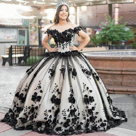 Try 3D flowers Quinceanera Dresses 2023 in different color! | Pimenta de Açúcar White And Black Quinceanera Dresses, Quinceanera Dresses Black And White, Black And White Quince Dress, Masquerade Quinceanera Dresses, Black And White Quinceanera Dresses, Satin Bridesmaid Dresses Long, Sweet 16 Party Dress, Quinceñera Ideas, Quince Planning