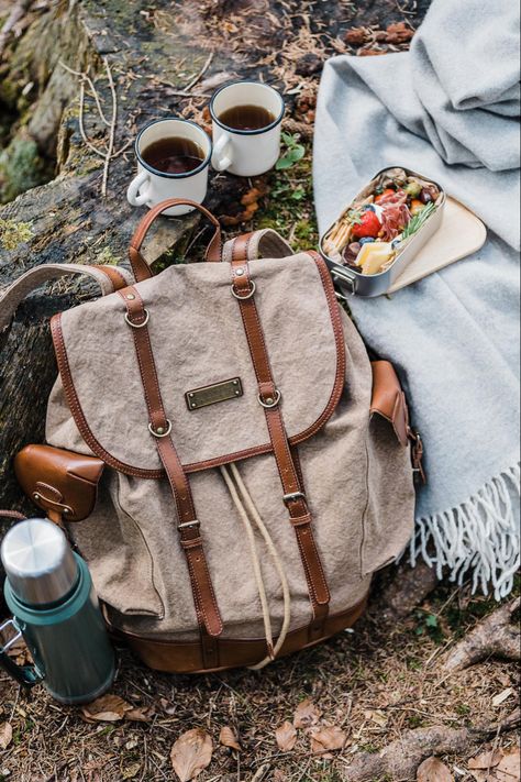 Backpack in old world design made of canvas and leather in color khaki-beige Hiking Bag Aesthetic, Outdoorsy Backpack, Back Packing Aesthetic, Travel Backpack Aesthetic, Exploring Aesthetic, Fall Camping Outfits, Hiking Bags, African Inspired Decor, Camping Aesthetic