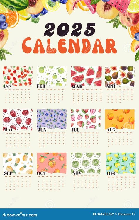 Printable 2025 calendar design template with fruit pattern, wall calendar design, poster calendar design. Ideal for journal, background and more. Happy New Year 2025. Desk Calendar Layout, Fruit Calendar, Fruit Pattern Illustration, Mom Calendar, Journal Background, Poster Calendar, Wall Calendar Design, Calendar Design Template, Calendar Background