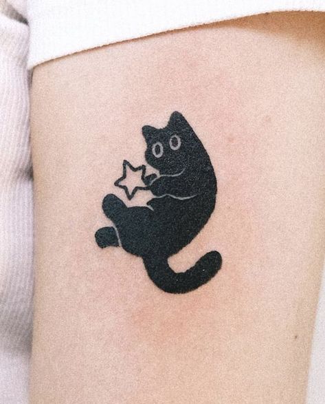 Black Cat Aesthetic Tattoo, Doodle Cat Tattoo, Cool Cat Tattoo Ideas, Cat With Stars Tattoo, Cat Stars Tattoo, Cute Simple Cat Tattoos, Cute Tattoos Cat, Two Black Cats Tattoo, Weird Cute Tattoos