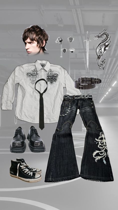 White Botton-Up Shirt Y2K Outfit Inspo #y2k #bottonup #converse #tie #tattooart #mens #guys #outfits Outfit Inspo Y2k, Guys Outfits, Shirt Y2k, Converse, Outfit Inspo, White