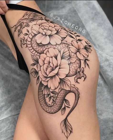 Dragon Tattoo With Flowers For Women Leg, Dragon Tattoo Legs Women, Hip Buttocks Tattoos Women, Dragon Tattoo Side Thigh, Thigh Dragon Tattoo For Women, Side Thigh Tattoos Women Baddie, Full Thigh Tattoo Women, Thigh Tattoos Women Dragon, Dragon Tattoo For Women Thighs