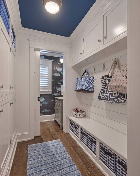 Mudroom/Half Bath Layout Mudroom Entrance, Coastal Laundry Room, Cottage Laundry Room, Painted Ceilings, Blue Ceiling, Laundry Room/mud Room, Mudroom Ideas, Coastal Interior, Mudroom Entryway