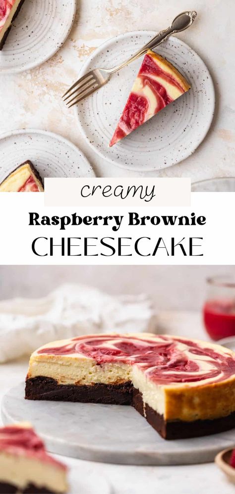 This raspberry brownie cheesecake has a creamy classic cheesecake filling with thick ribbons of raspberry puree on top of a fudgy brownie crust. It’s the perfect, decadent dessert for any occasion. Brownie Raspberry Cheesecake, Brownie Crust Cheesecake, Chocolate Crust Recipe, Raspberry Brownie, Cookie Dough Crust, Brownie Crust, Raspberry Puree, Raspberry Brownies, Yummy Cheesecake