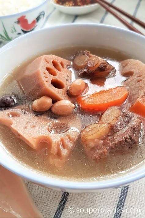 Lotus root soup with pork ribs. A classic Chinese soup. #cooking #chinesesoup #lotusroot #lotusrootsoup #soup | souperdiaries.com Lotus Root Recipe, Lotus Root Soup, Soup With Pork, Root Soup, Confinement Food, Pork Ribs Recipe, Asian Soup Recipes, Chinese Soup Recipes, Pork Soup