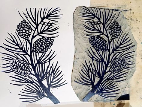 Inked Lino design and the Print 'Pinecones' Handprinted with 'Prussian Blue' Caligo safewash ink from @cranfieldcolours #linoprint #blockprint #linocut #linocutprint #scotspine #pine #pinecones #naturewalk #natureinspired #pinetree Pine Tree Linocut, Pinecone Linocut, Bath Shapes, Lino Inspiration, Lino Design, Laser Projects, Snow Art, Prussian Blue, Fall 24