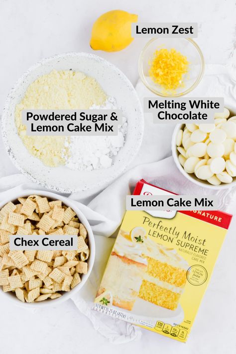 Lemon Puppy Chow - A Paige of Positivity Cheerio Puppy Chow, Birthday Cake Puppy Chow, Lemon Chex Mix Puppy Chow, Lemon Puppy Chow Chex Mix Recipe, Flavored Puppy Chow, Lemonade Puppy Chow, Lemon Chex Mix, Easter Puppy Chow, Lemon Chex