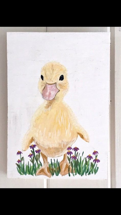 Cheerful Painting, Chicken Coupe, Standing In A Field, Koi Painting, Duck Drawing, Duck Decor, Whimsical Art Paintings, Baby Duck, Reclaimed Wood Art