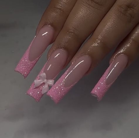 Pink Bow Valentines Nails, Pink Nails With One Design Nail, Ballerina Design Nails, Classy Baddie Nails Pink, Flat Pink Nails, Pink Nail Inspo Acrylic Long, Baby Pink Nail Inspo Acrylic, Long French Tip Nails Pink, Simple Cute Pink Nails