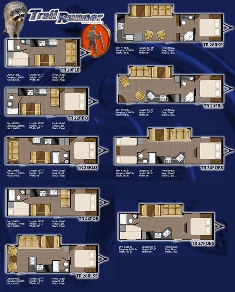 Heartland Trail Runner travel trailer floorplans - 9 models Trailer Home Floor Plans, Camper Layout Floor Plans, Sims 4 Trailer House Layout, Tiny Home Trailer Floorplan, Trailer Floor Plans, Rear Kitchen Travel Trailer, Travel Trailer Layout Floor Plans, Travel Trailer Floor Plans, Rv Floor Plans