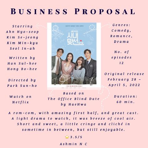 Korean drama Business Proposal mini recap and review ⭐️3.5/5 Office Blinds, Kim Min-kyu, Ahn Hyo Seop, Blind Dates, Business Proposal, Kim Min, Bts V, Korean Drama, Cd